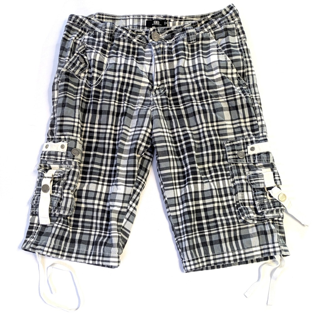 Benjamin Black Mens Plaid Cargo Shorts Black White Grey Check Size 30 Streetwear